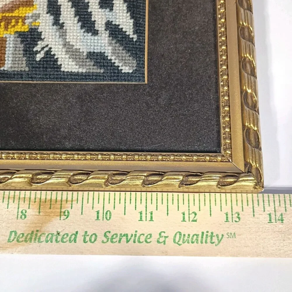 Vintage Judaica Needlepoint Rabbi Torah Gold Framed Wall Art Velvet Matte